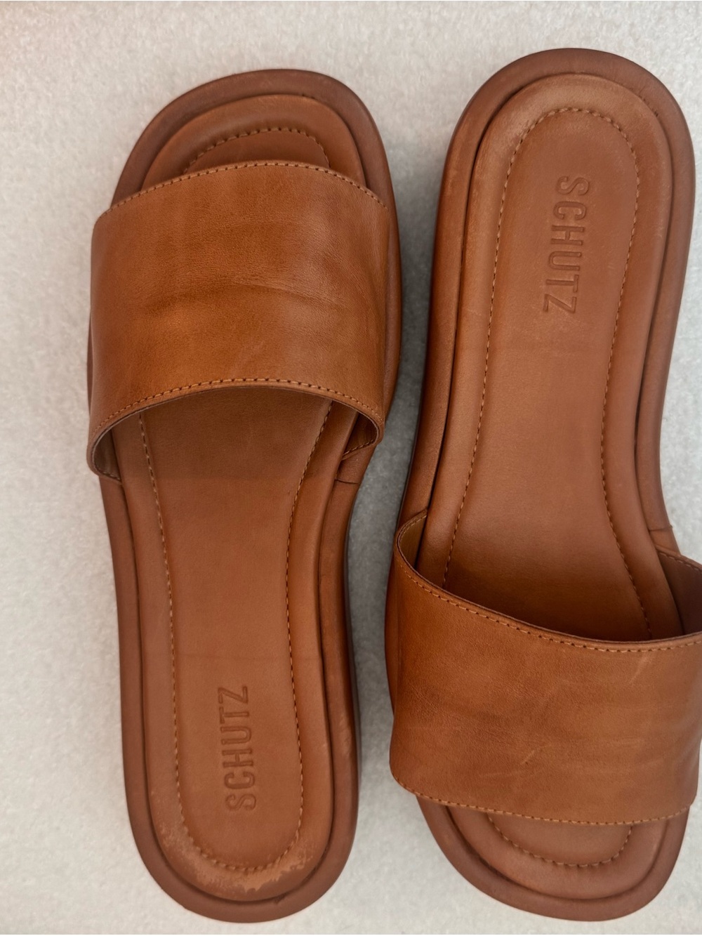 SCHUTZ Cognac Leather Slide Sandals